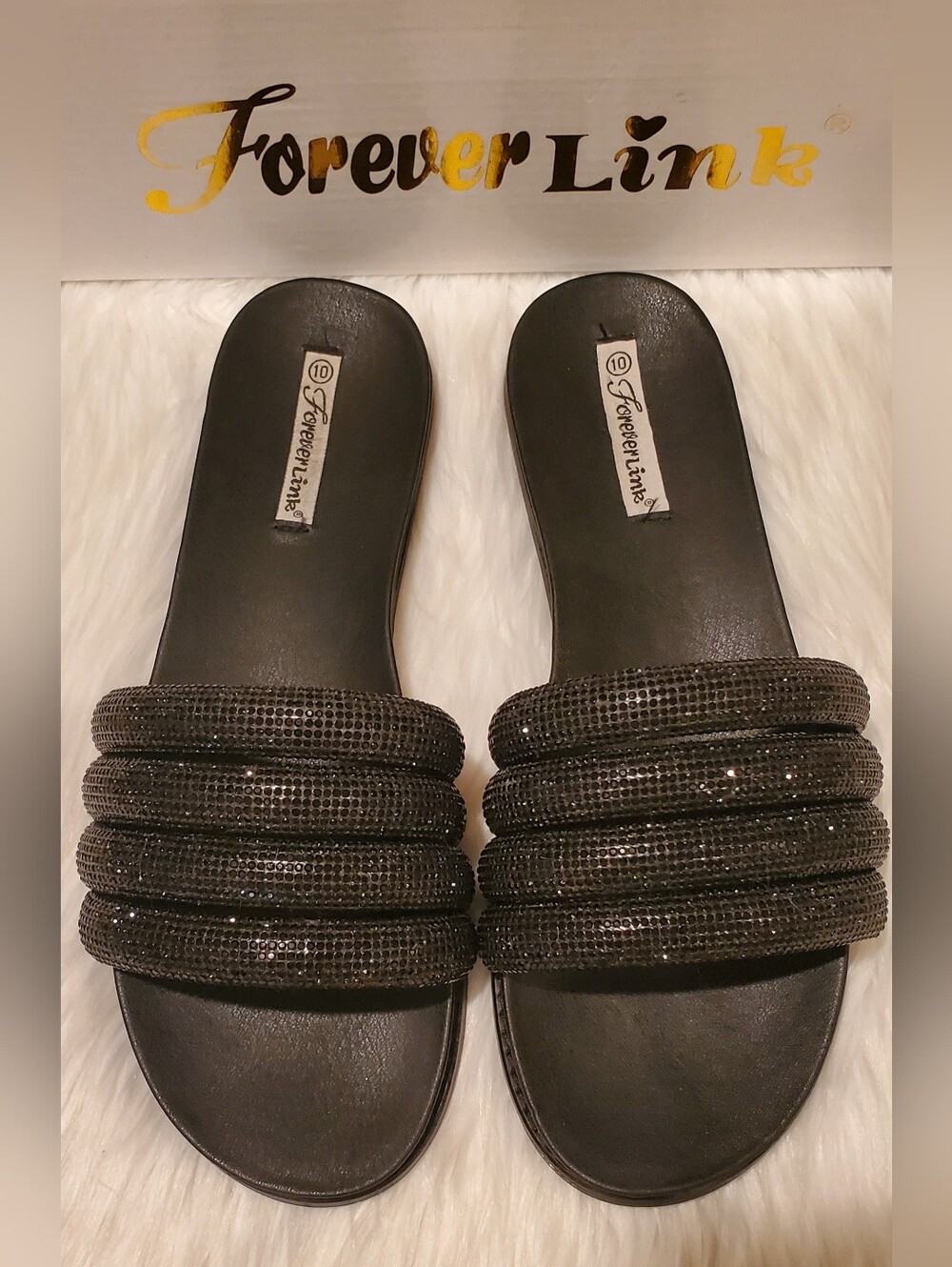 Forever Link Kilter-64 Black Rhinestone Slide Sandals Glam Sparkle Flats Size 10 - Picture 3 of 8